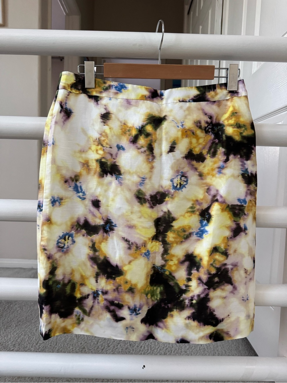 J. Crew Yellow and Black Floral Watercolor Pencil Skirt